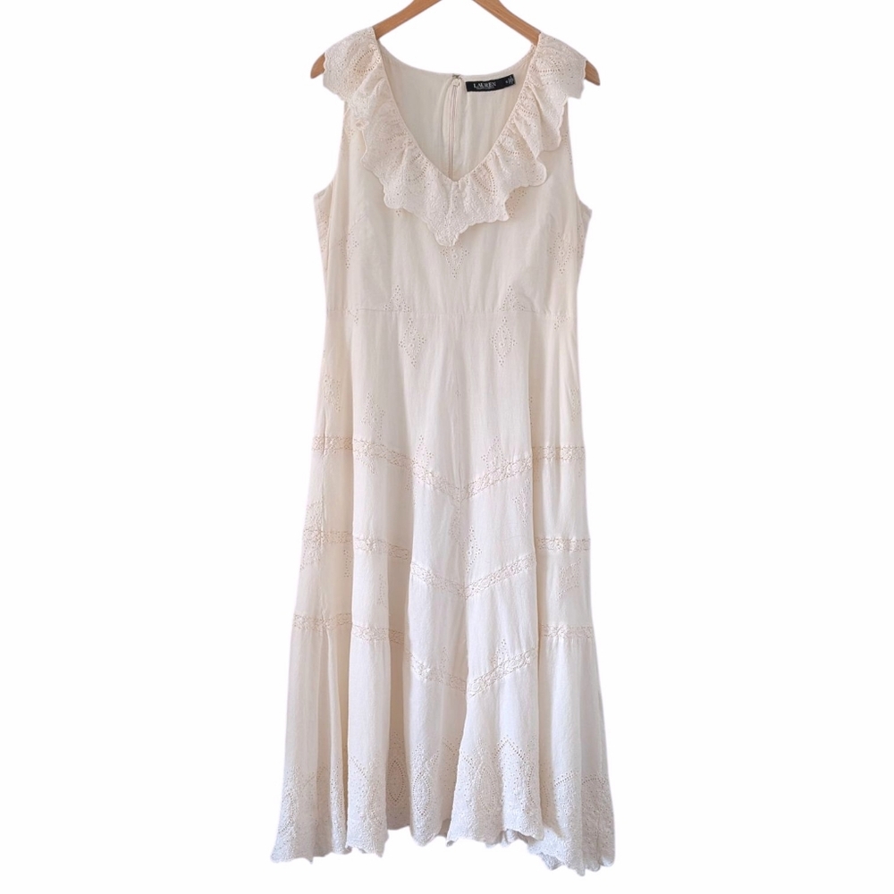 LAUREN Ralph Lauren White Eyelet Ruffle Sleeveless Midi Dress Size 12 Made India